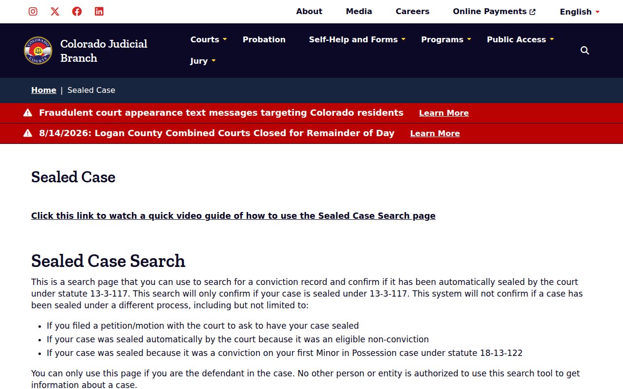 El Paso County case search for limited defendant sealed-case confirmation