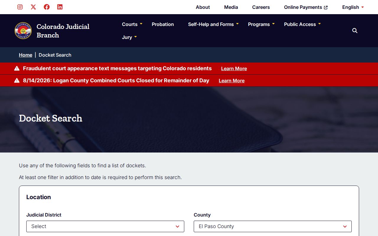El Paso County court calendar official hearing search