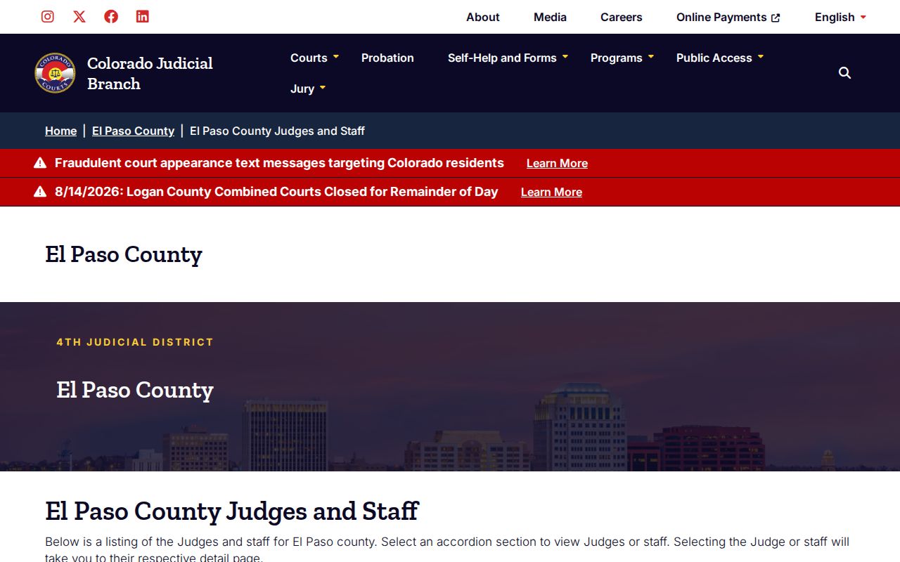 El Paso County court calendar division and staff roster