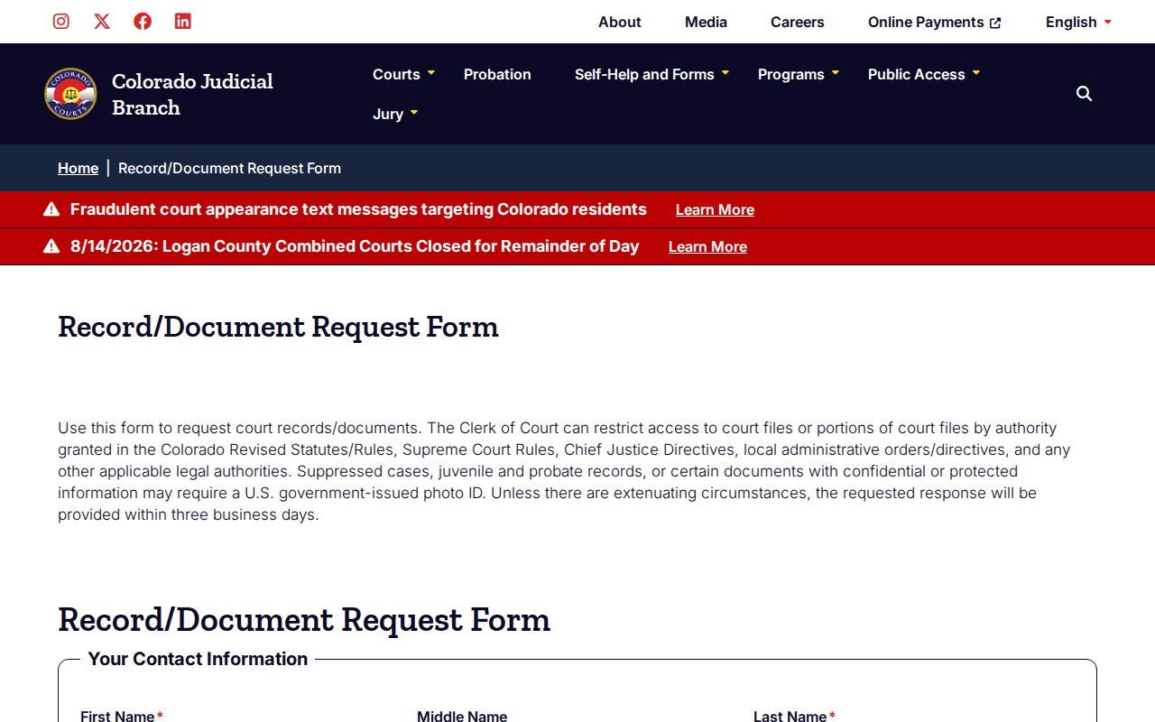 El Paso County court records state document request form