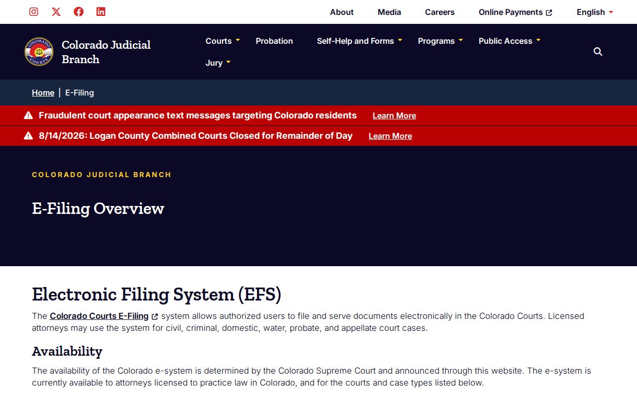 El Paso County court docket Colorado Courts E-Filing page
