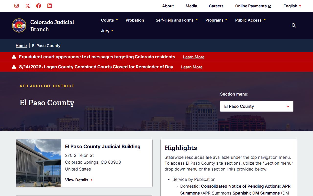 El Paso County court docket trial court page