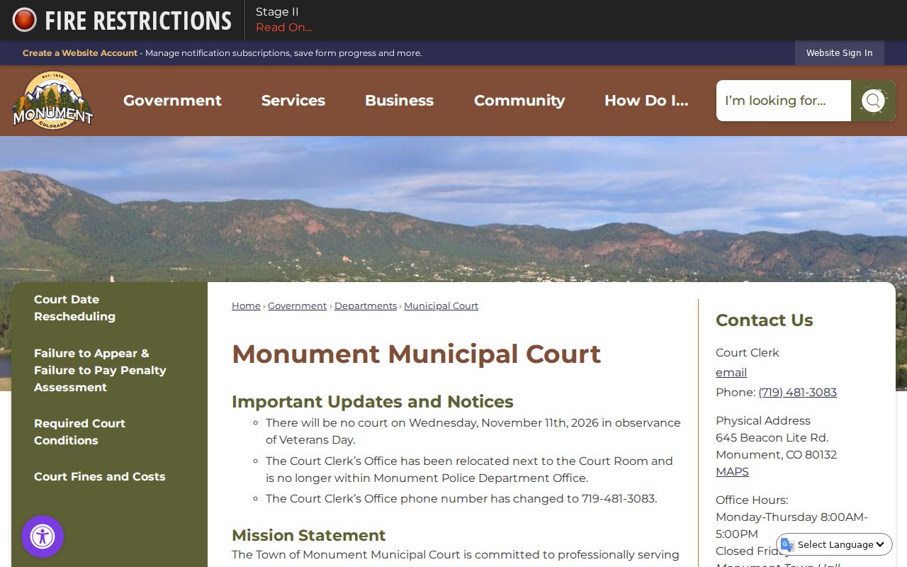 Monument court docket and Municipal Court calendar page